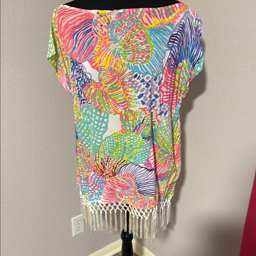 Lilly Pulitzer Pink and Blue Swim Coverup with Fringe